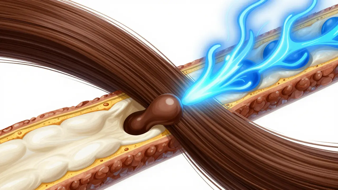 Illustration showing dye penetration and bond breaking inside a hair strand