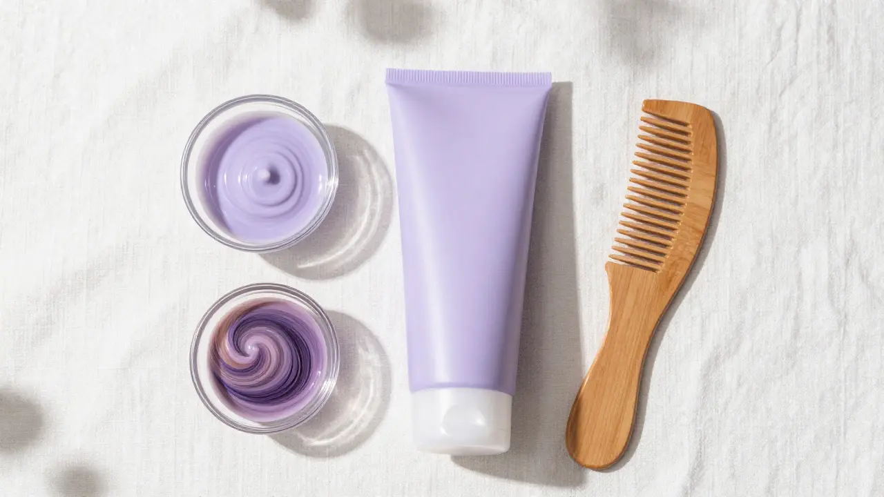 Lavender conditioner and hair care tools flat lay