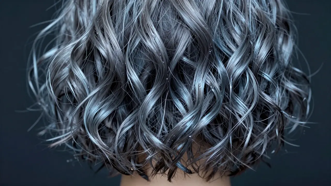 Macro shot of glossy, wet-look short curly hair texture