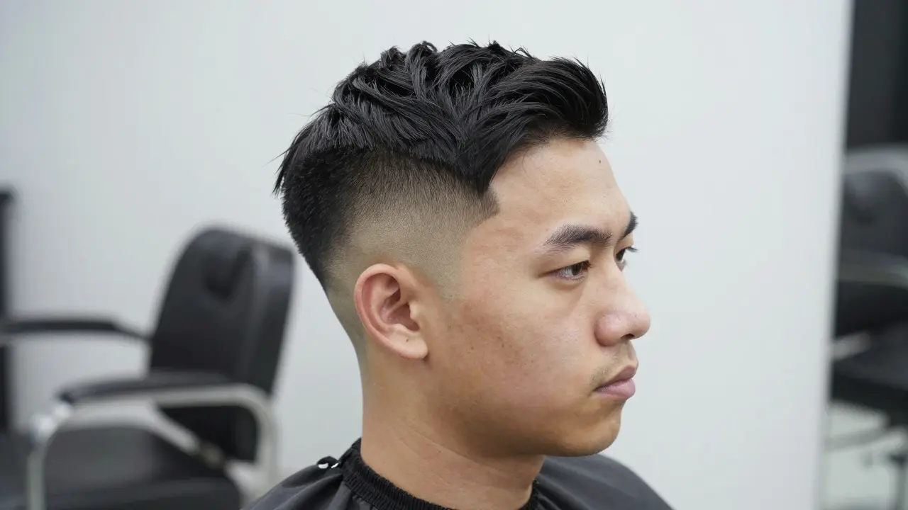 Man with a mid-fade haircut and quiff in a barbershop