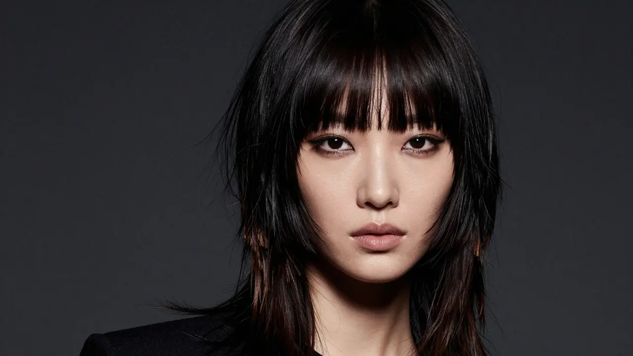 Model with bold blunt bangs and shaggy layers in editorial style