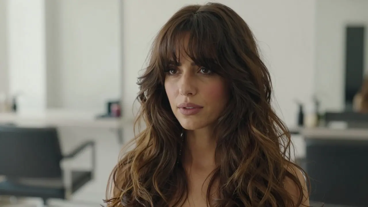 Model with curtain bangs and face-framing layers for thick hair