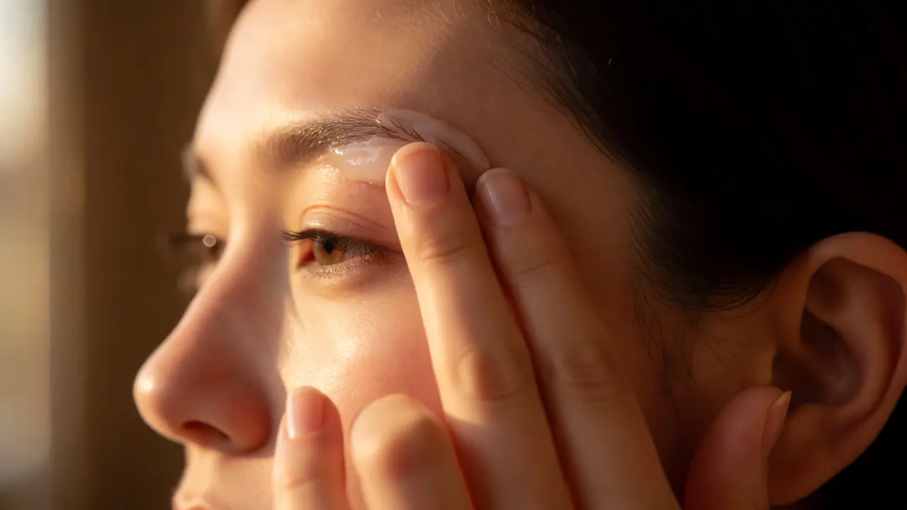 Person applying healing balm to sensitive eyebrow area
