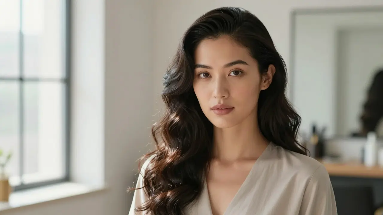 Person with smooth, polished slicked-back curly hair looking confident