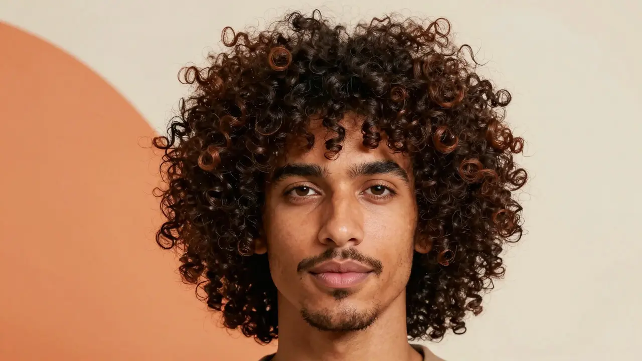 Portrait of a man with a modern curly mullet hairstyle