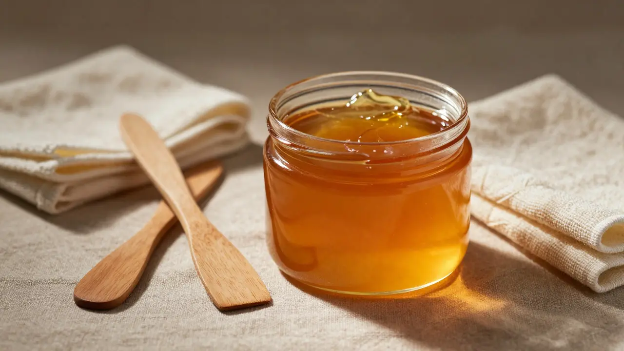 Pot of amber hard wax and wooden applicators on linen