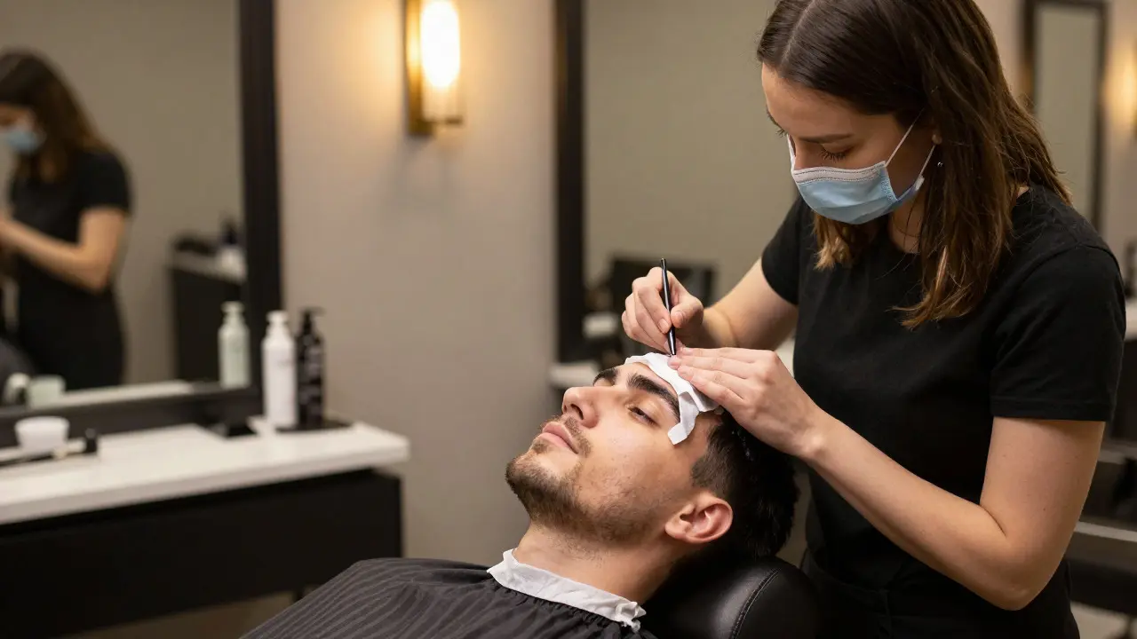 Professional esthetician performing eyebrow waxing on a male client in a modern salon setting, highlighting the precision and care involved in men's grooming services.