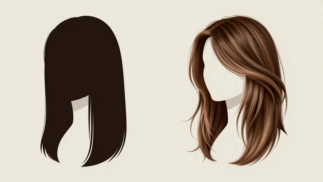 Side-by-side comparison of blunt vs layered hair shapes
