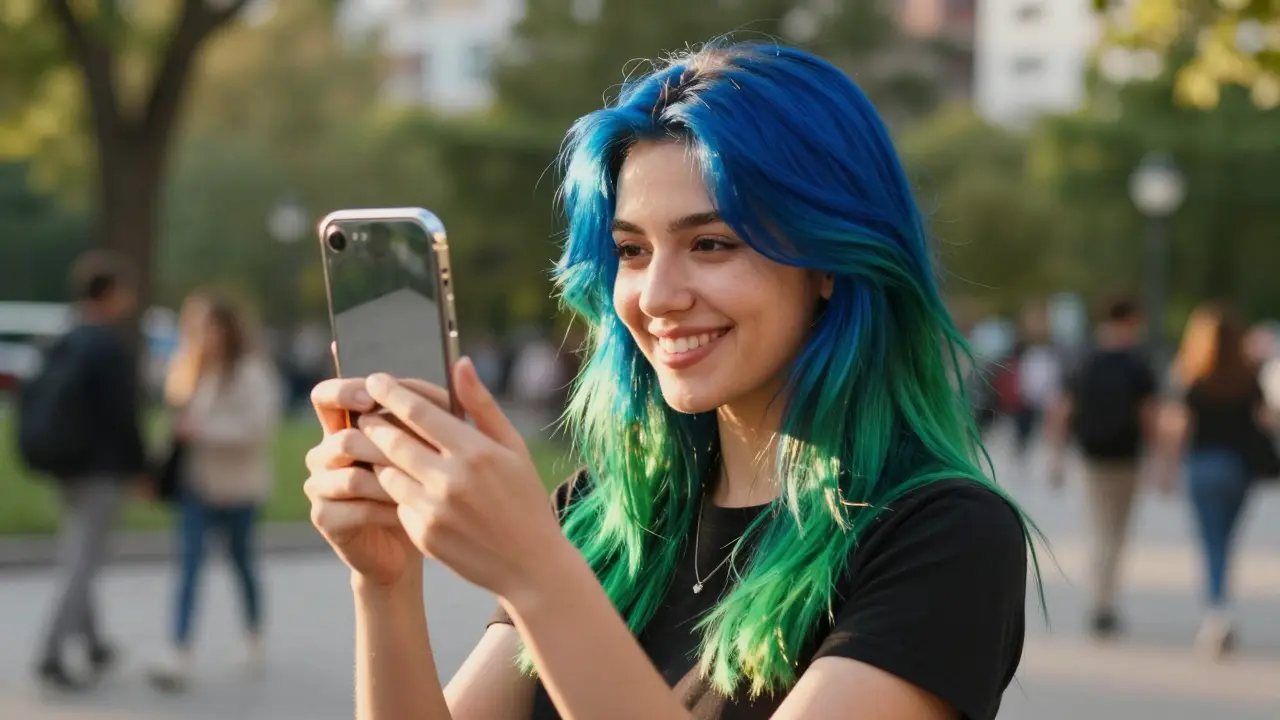 Smiling woman with shiny blue and green split hair admiring herself in a mirror outdoors