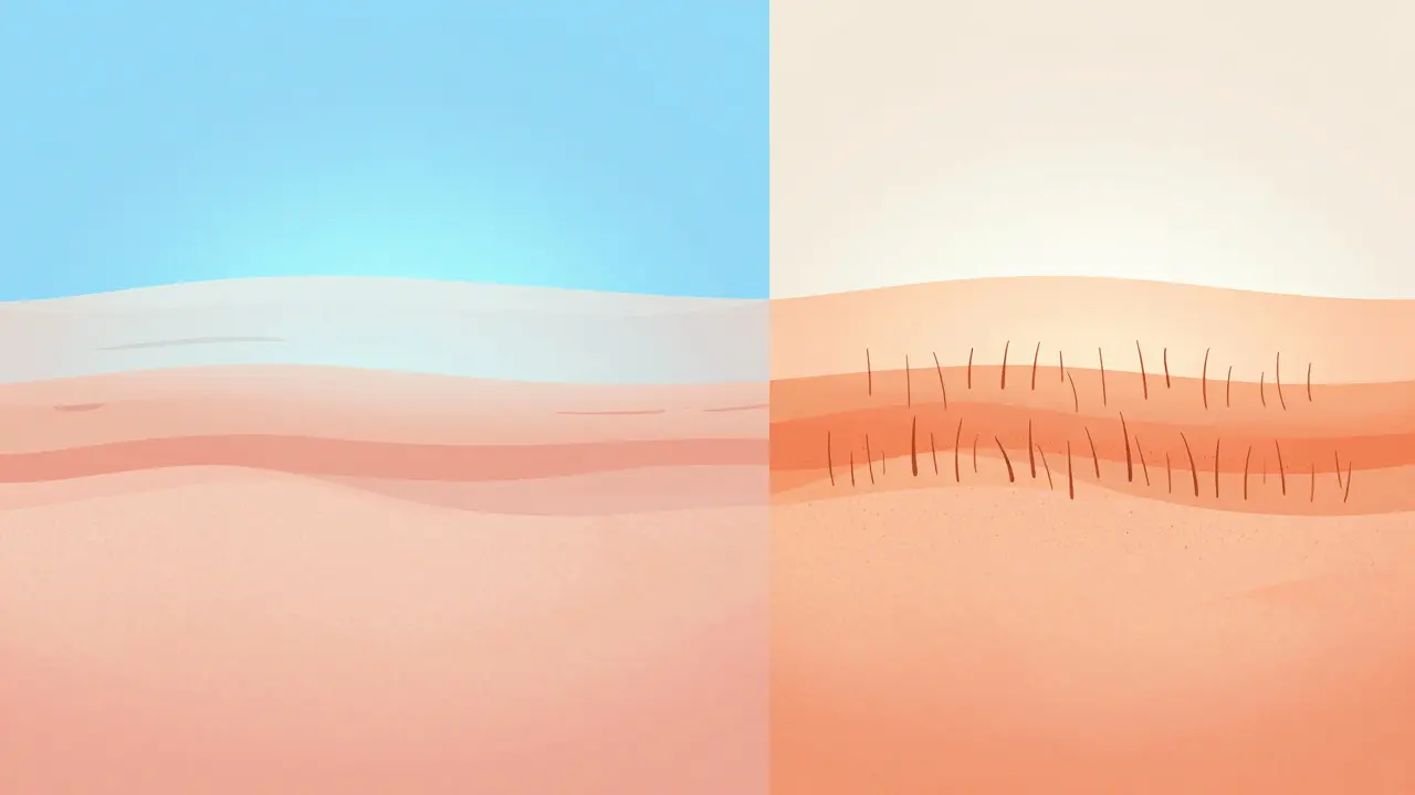 Split image contrasting smooth skin with stubbly regrowth