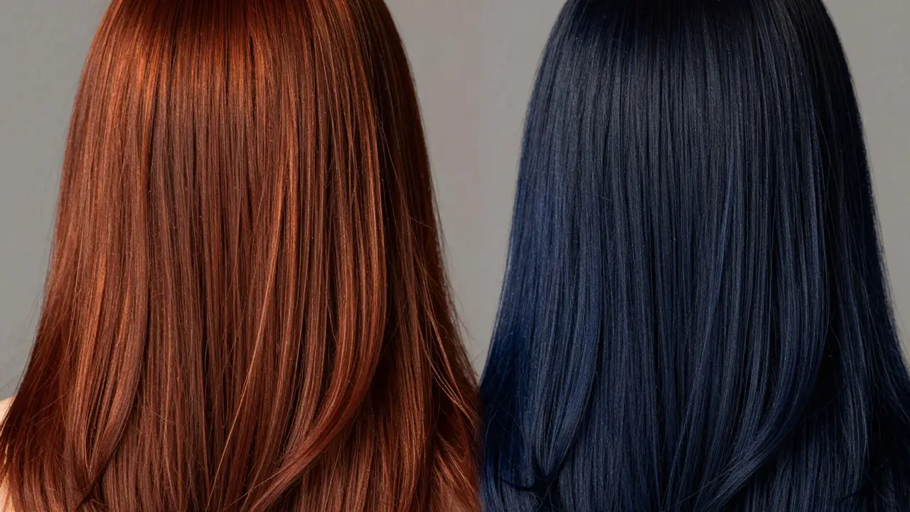Split view of copper henna-dyed hair and blue-black indigo hair