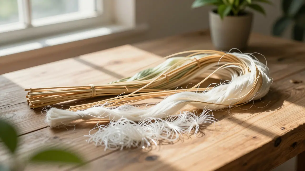 Still life of bamboo, silk, and recycled fiber lash materials on wood