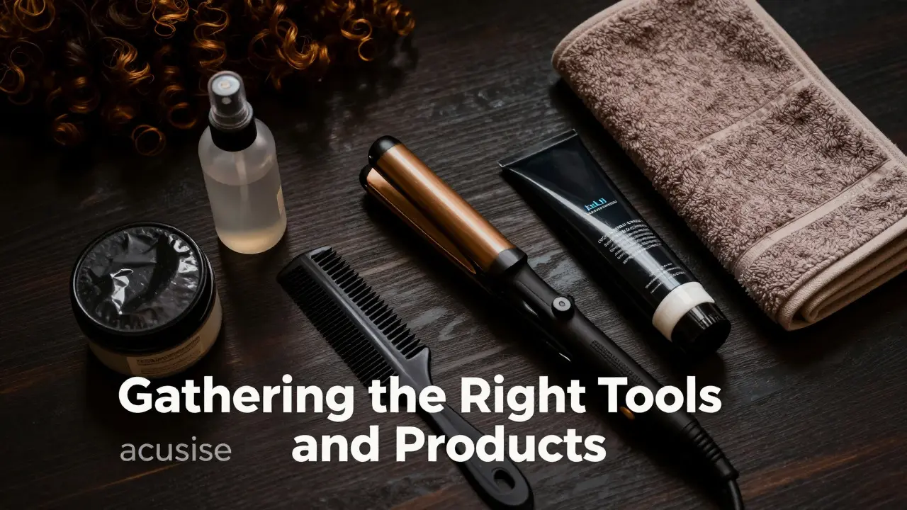 Styling tools including flat iron, combs, and gel on a dark wooden table