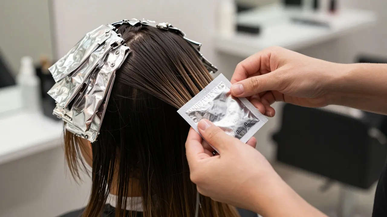 Stylist applying foil highlights to a section of hair in a salon
