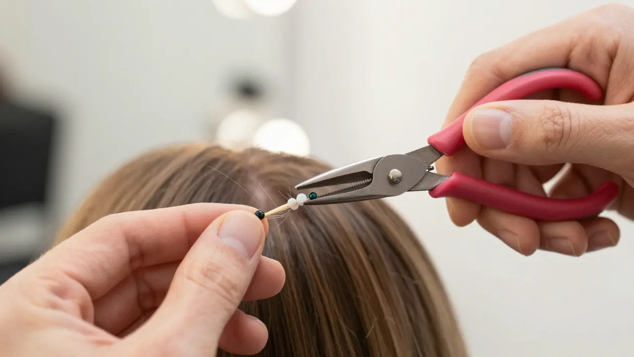 Stylist attaching micro-bead extension to hair strand
