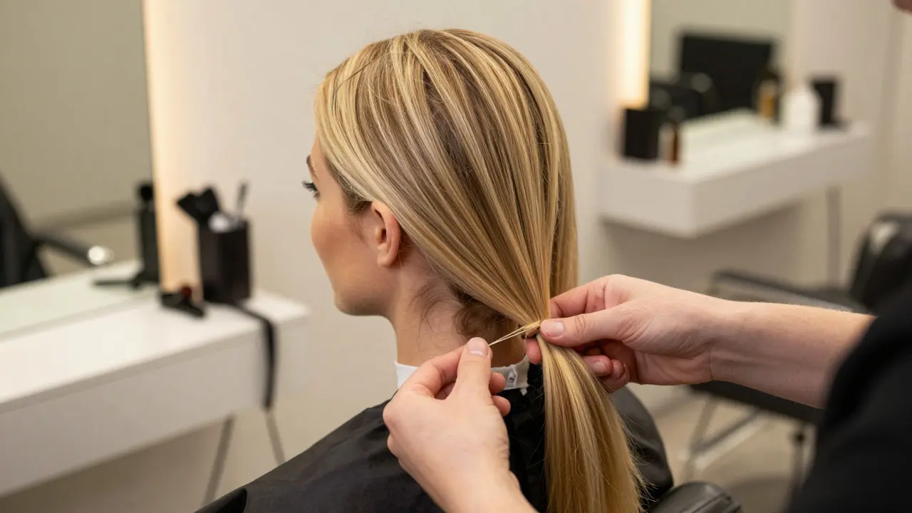 Stylist tying a hair extension weft to a client's natural hair during salon installation
