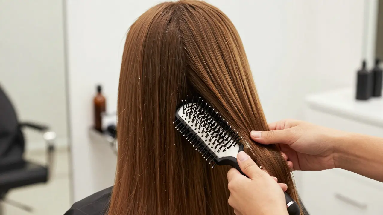 Stylist using a loop brush on nano ring extensions