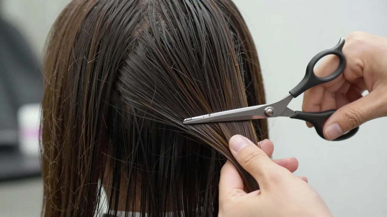 Stylist using point-cutting technique on layered hair
