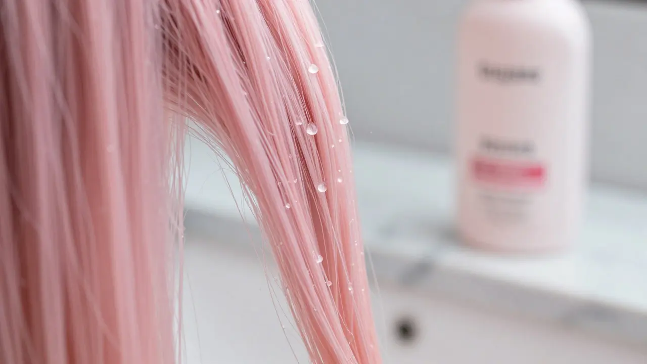 Water droplets on pastel pink hair strands