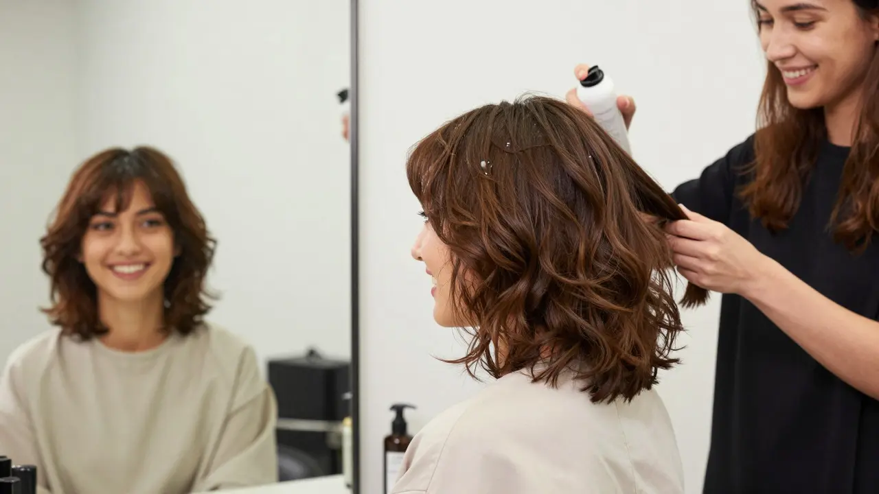 Woman admiring finished textured shag haircut in mirror