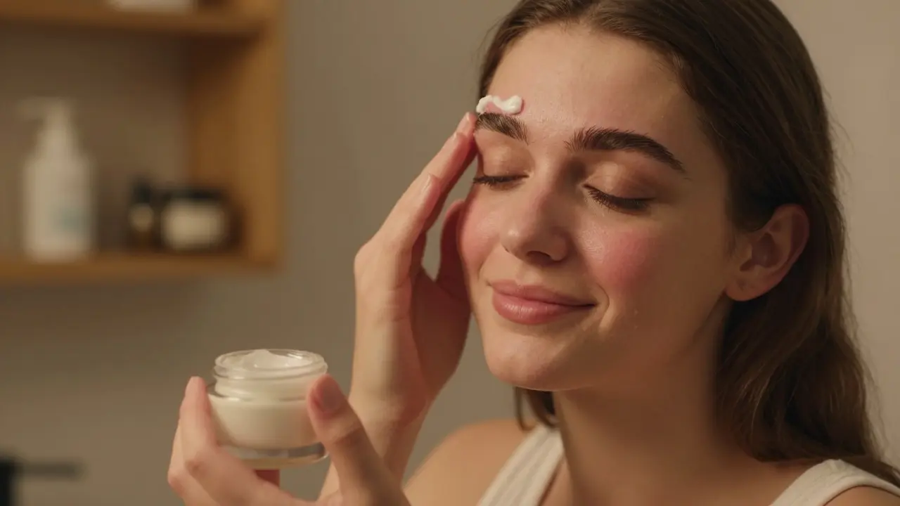 Woman applying soothing balm to her face after eyebrow waxing