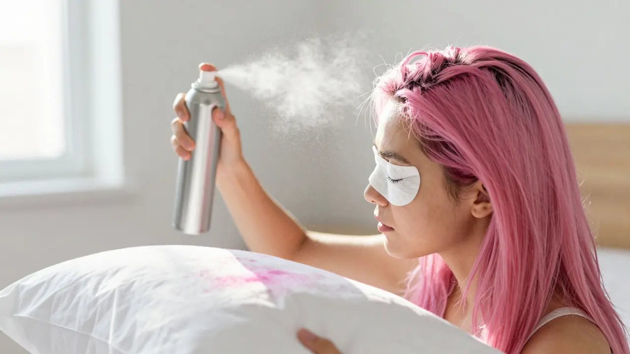 Woman wearing eye protection while spraying pink hair color, with mist visible and stained towel nearby