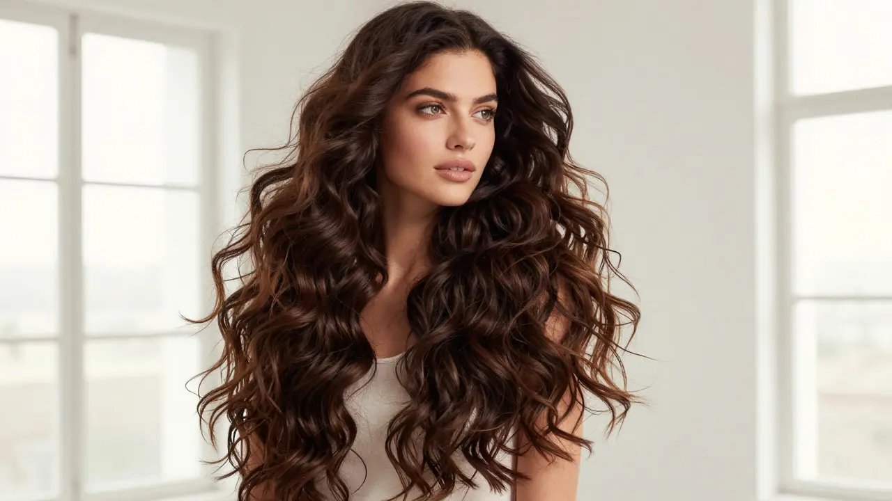 Woman with voluminous wavy hair showing seamless blend of hand-tied extensions