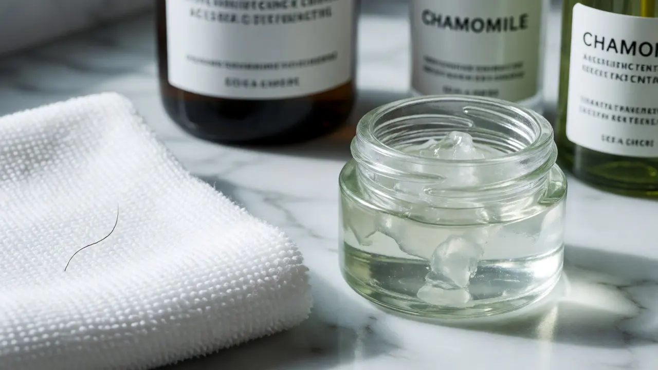 Aloe vera gel and washcloth on a counter for eyebrow wax aftercare.
