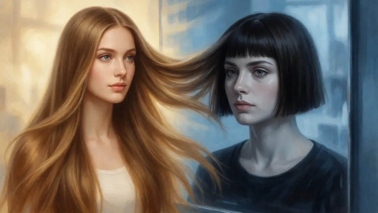 Artistic split view of ideal hair vs real haircut reflection