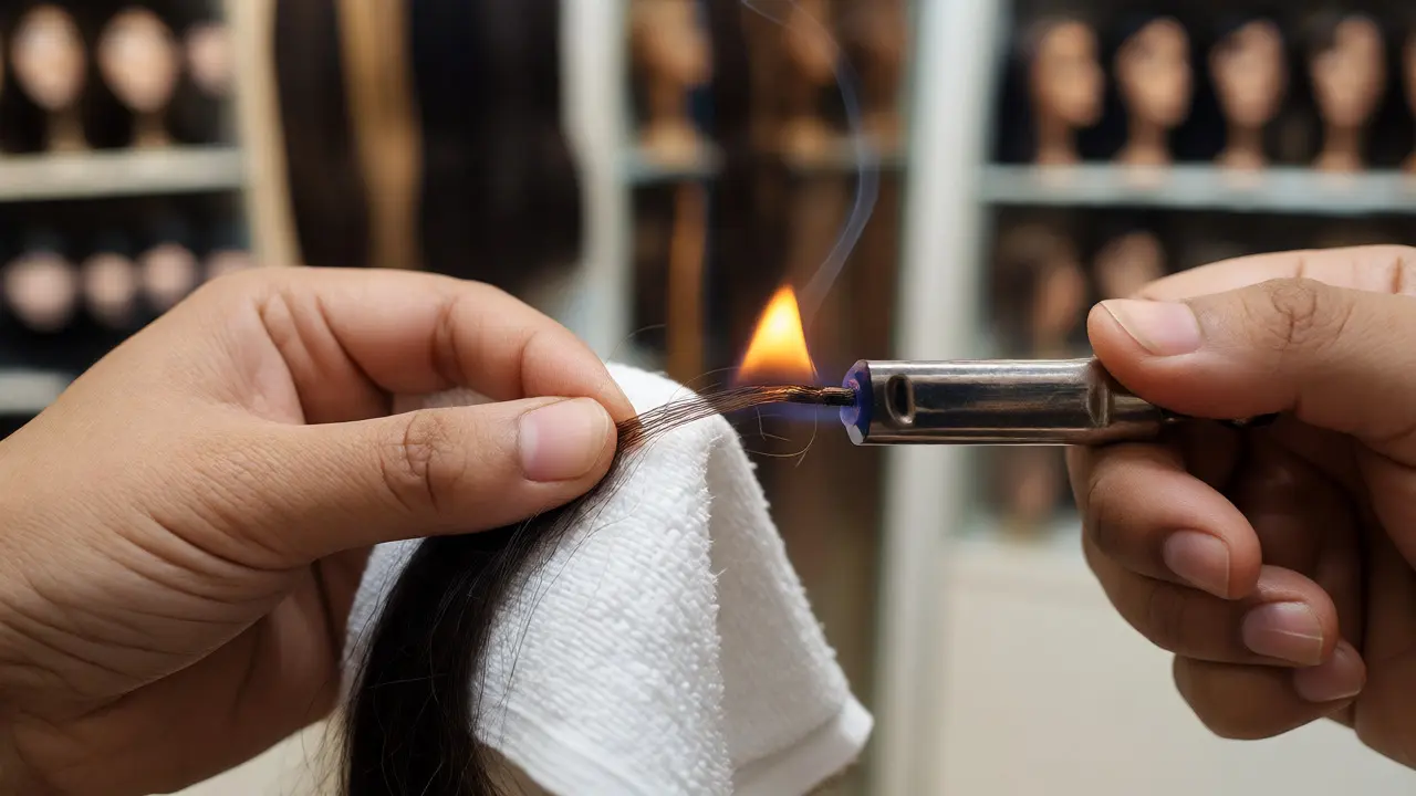 Burn test being performed on a strand of hair extensions