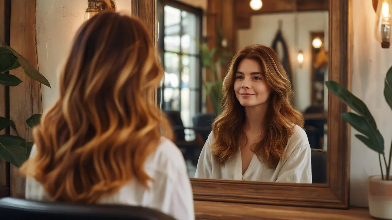 Client admiring vibrant, healthy hair color in salon mirror