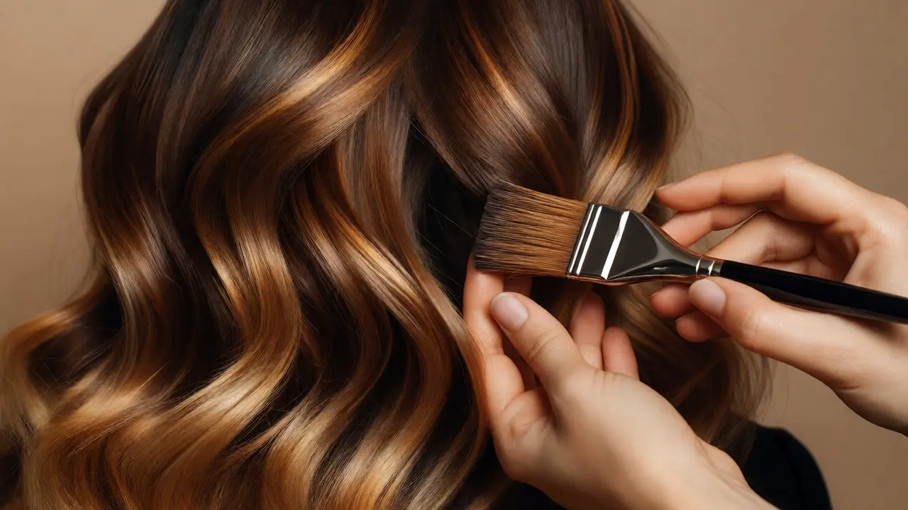 Close-up of balayage application on healthy brunette hair