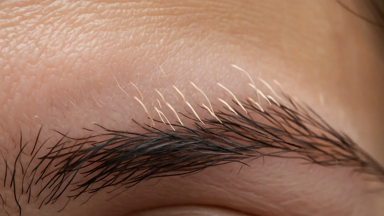 Close-up of fine peach fuzz regrowing on eyebrow
