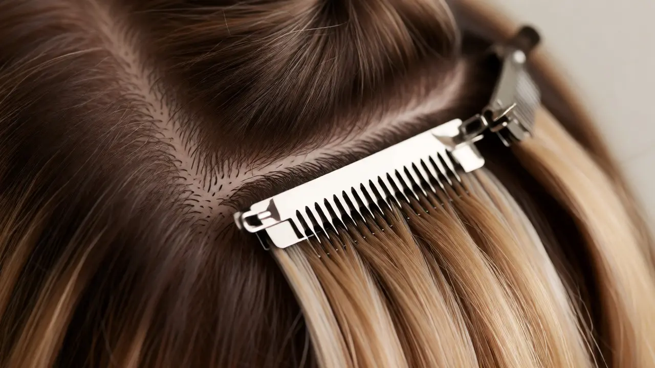 Close-up of metal clip securing a hair extension weft to roots