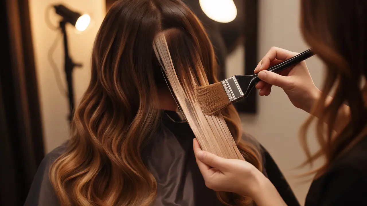 Colorist applying balayage highlights to chestnut hair in a salon setting