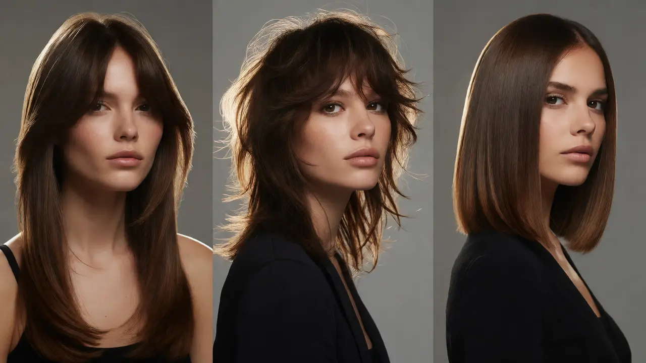 Comparison of curtain bangs, shag cut, and blunt bob styles