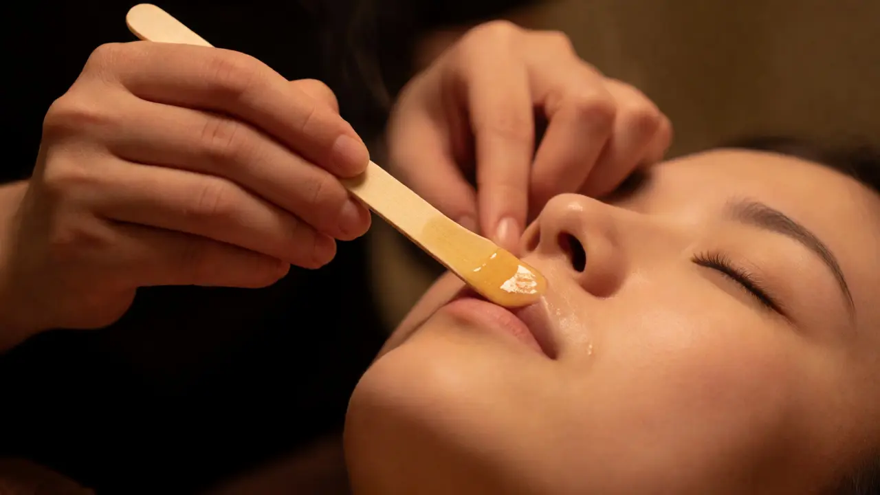 Esthetician applying hard wax to upper lip