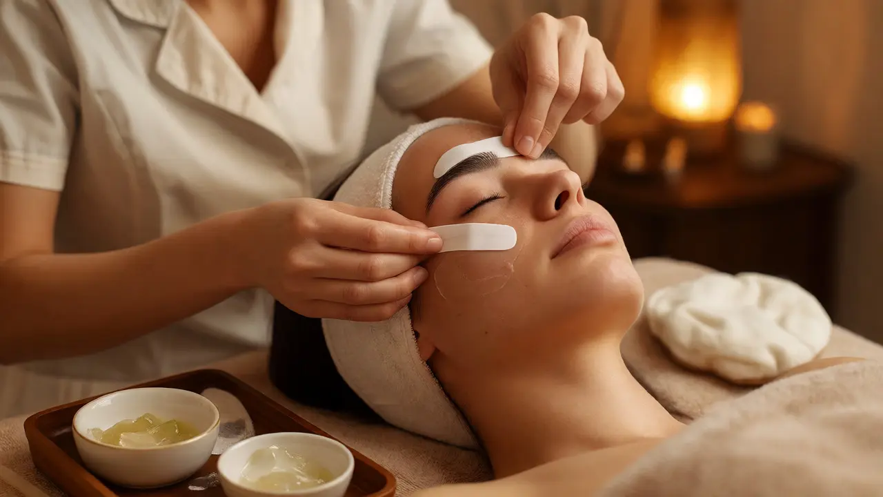 Esthetician carefully removing hard wax from a client's eyebrow