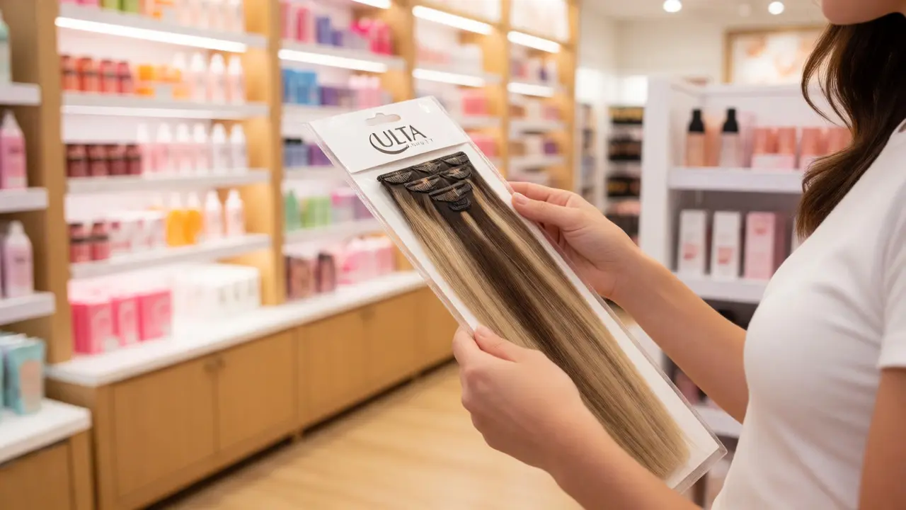 Hands examining hair extension quality inside a bright beauty retail store