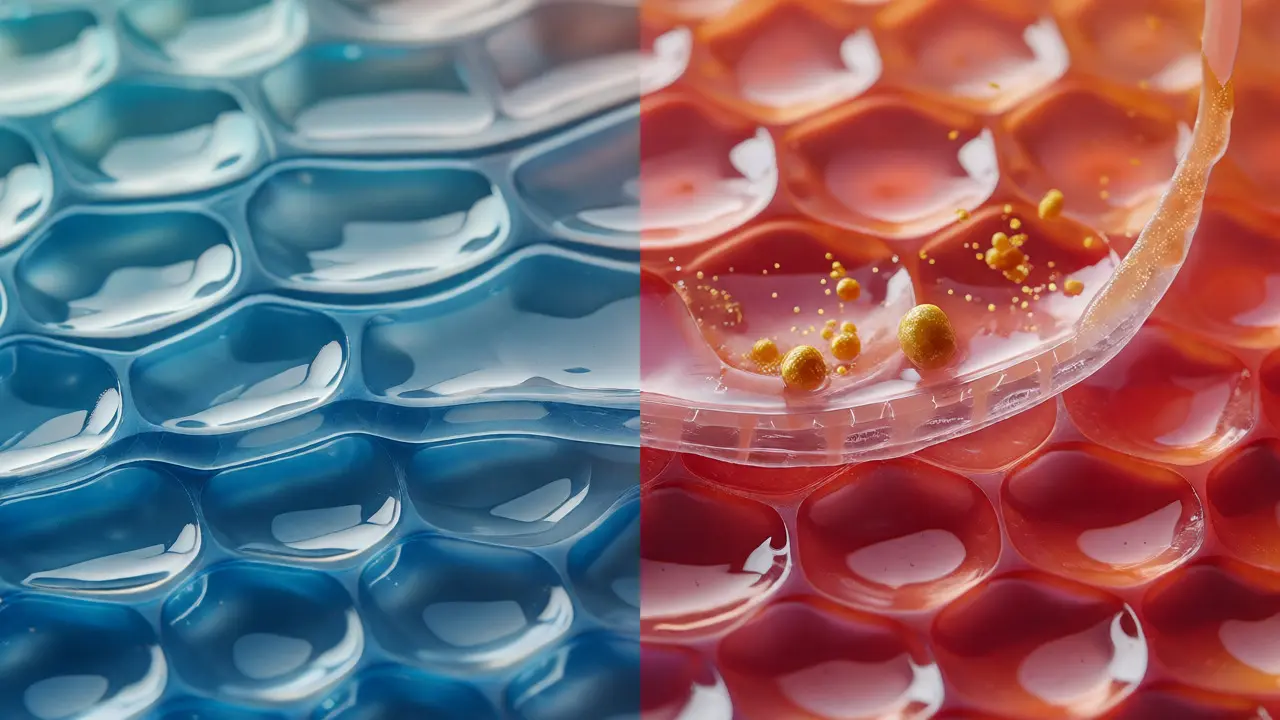 Macro conceptual image showing skin cell layers being repaired with soothing hydration.