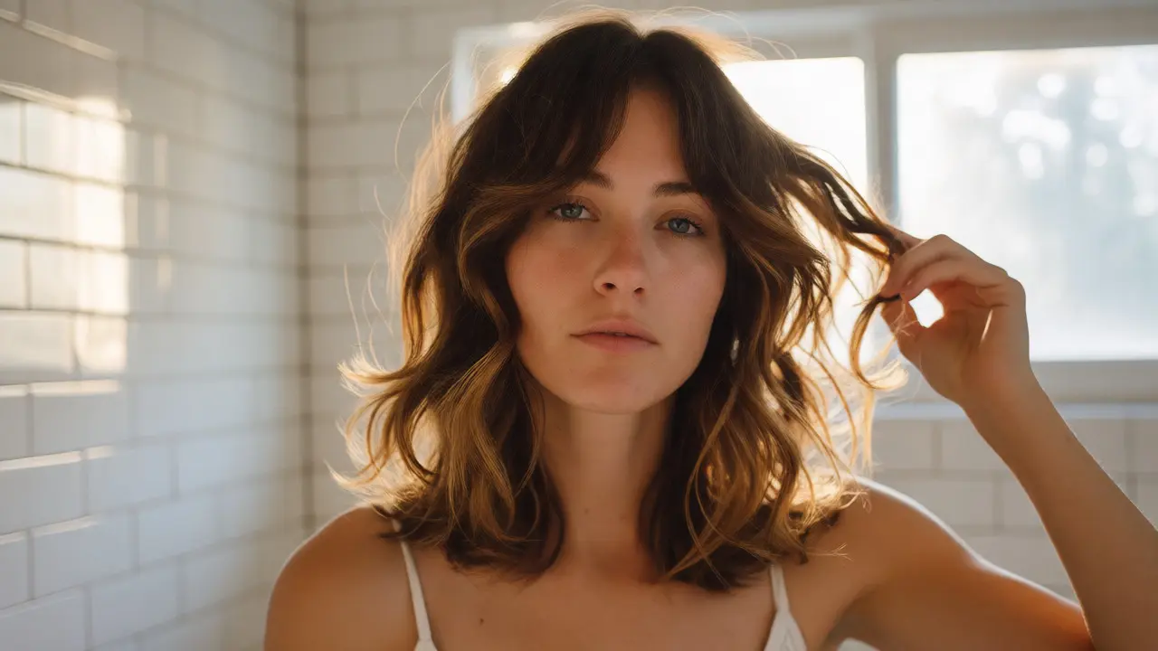 Model with wavy hair demonstrating a shaggy lob with integrated side bangs and natural texture.
