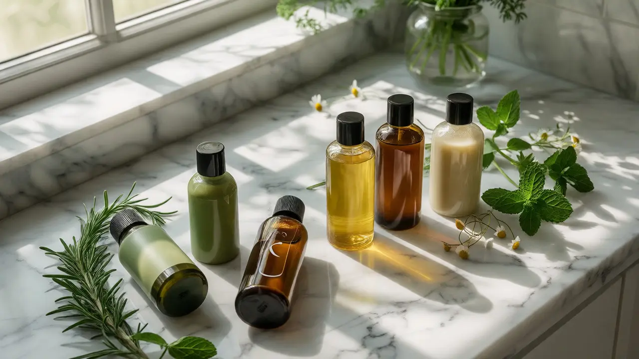 Natural hair dye bottles surrounded by fresh herbs on a counter