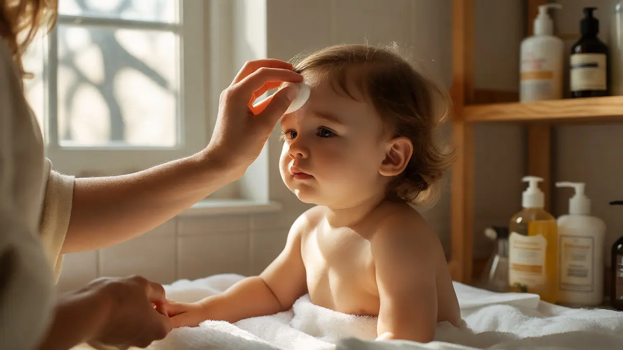 Parent gently cleaning toddler's face with coconut oil