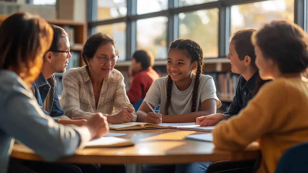 Parents, teachers, and students collaborating at a table in a sunlit library to discuss school policies.