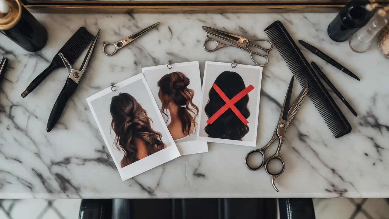 Salon counter with reference photos and tools for precise haircuts