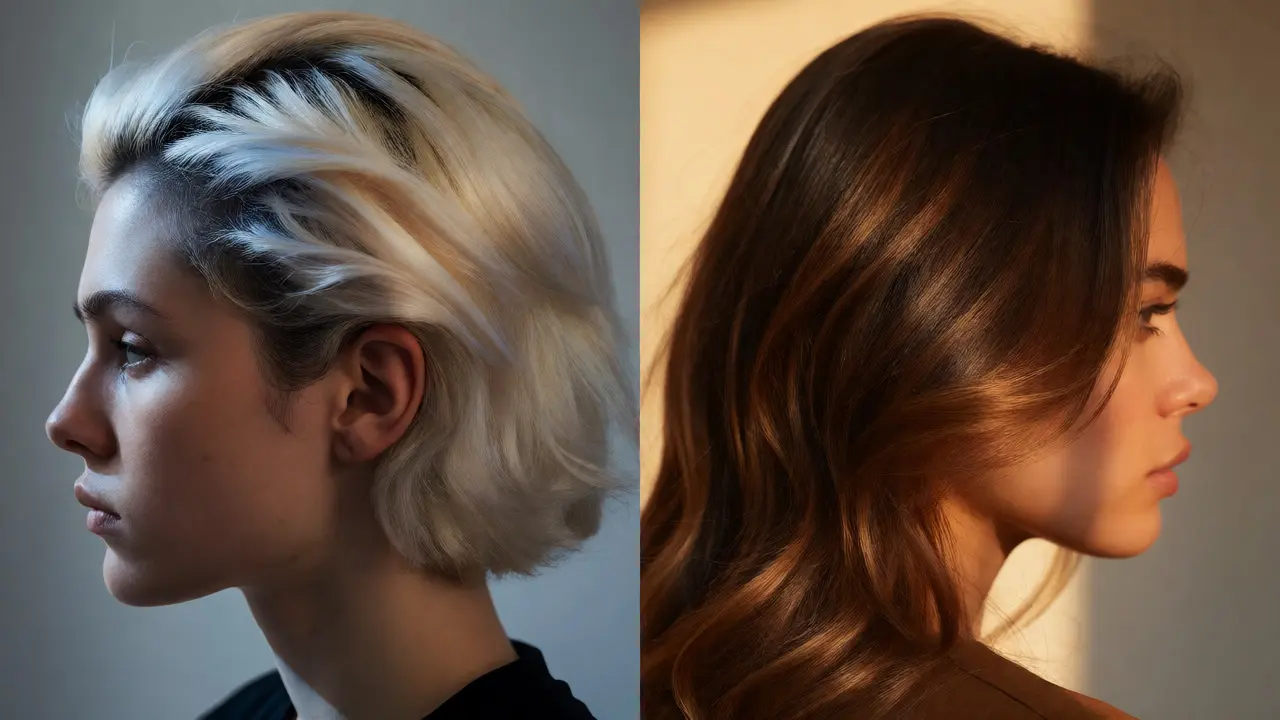 Side-by-side comparison of high-maintenance platinum vs low-maintenance brunette