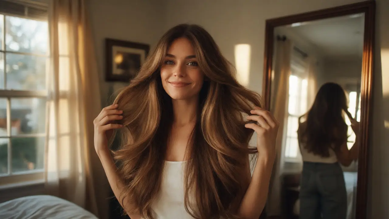 Smiling woman with voluminous blended hair looking in a mirror