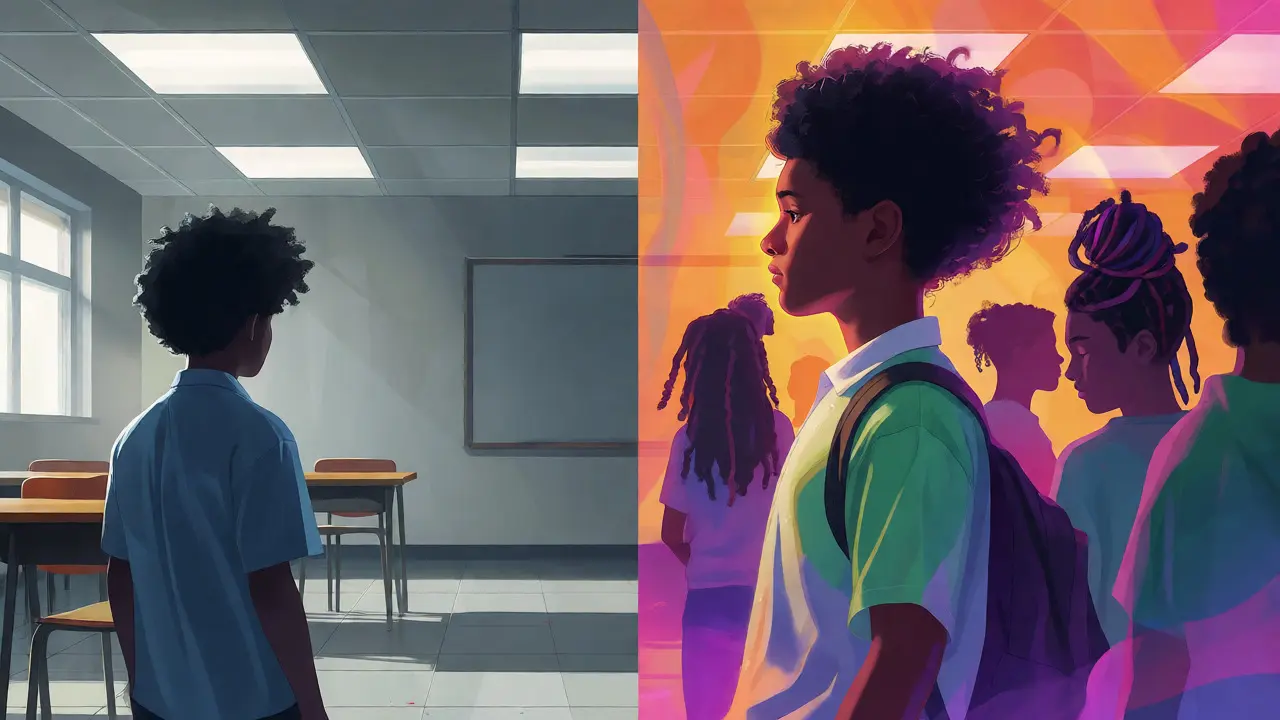 Split image contrasting a student's muted hair in a strict setting versus vibrant hair in an inclusive space.