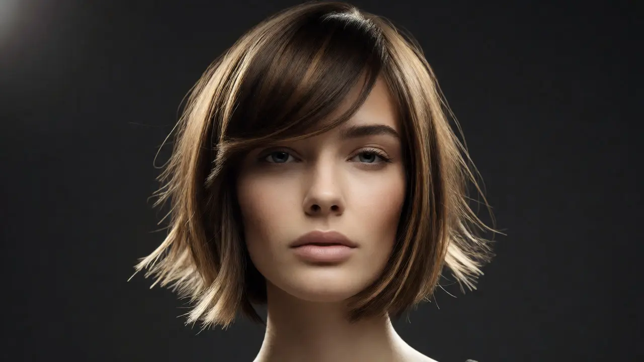 Studio portrait of a textured bob with an asymmetric fringe designed to soften a square jawline.
