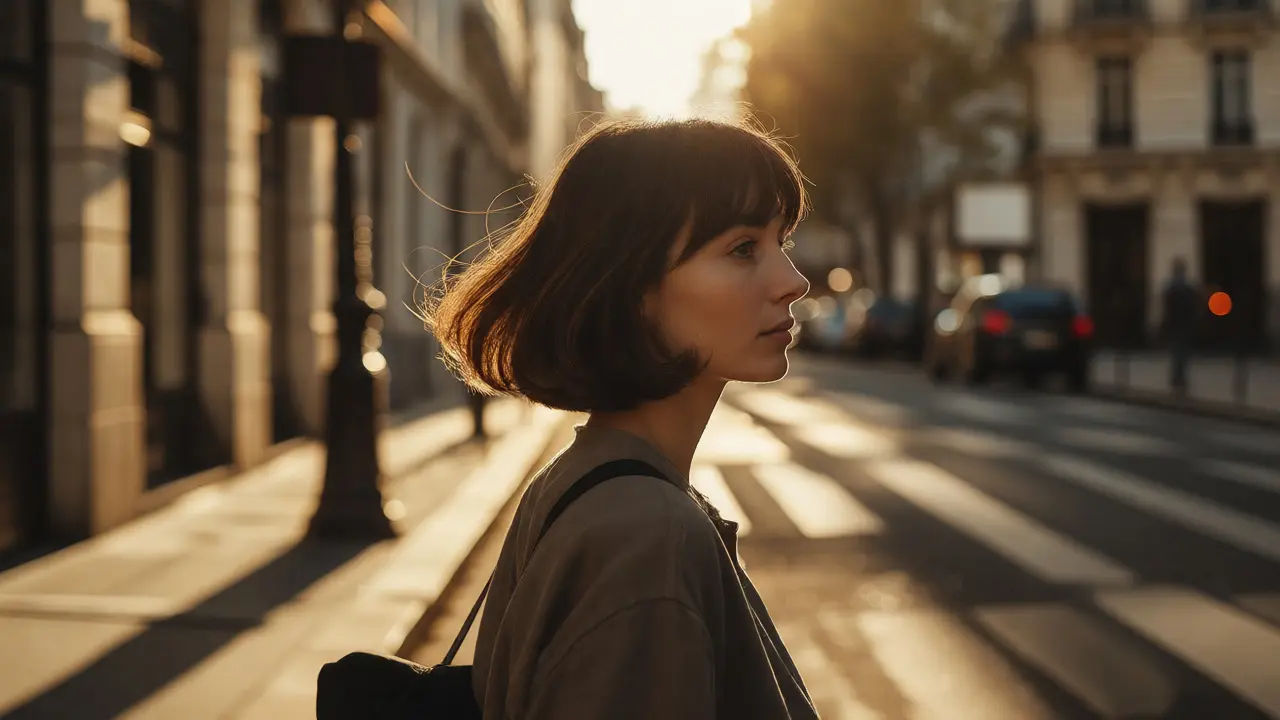 Stylish woman with a French Bob walking on a sunny street